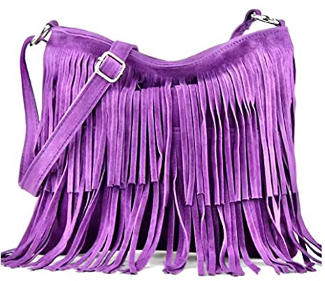 Modarno Borsa a tracolla con frange in camoscio - borsa tracolla donna in pelle scamosciata (Lilla)
