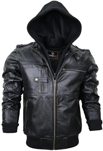 RIDERACT Leather Motorcycle Jacket Men with Hood Motorbike Bomber Jackets Leather Armored Hoodie (US, Alpha, X-Small, Regular, Regular, Black)