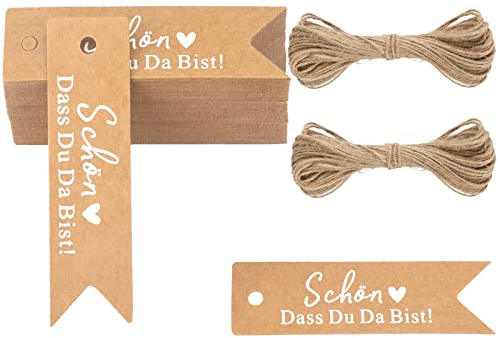 G2PLUS SCHÖN DASS DU DA BIST Geschenkanhänger, Klein Hochzeit Anhänger für Gastgeschenke, Braun und Weiß Kraftpapier Etiketten Anhänger mit Jute-Schnur für Kleine Gastgeschenke zur Hochzeit