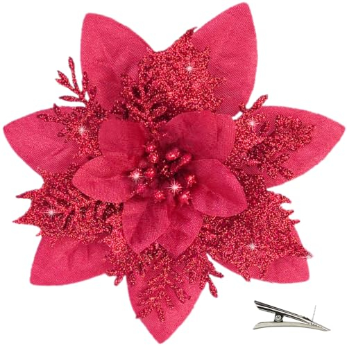 MIKAILE 20 Pièces Fleur de Noël pour Sapin avec Clip, Fleurs de Noel Artificielles Glitter, Fleur Poinsettia Noel de Scintillantes pour Guirlande, Couronne, Sapin Noël Décoration (Rouge)