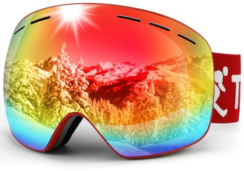 Trusiel Gafas de Esquí, Gafas Esqui Snowboard Nieve OTG, Ajustable Anti-Niebla Protección UV Gafas Esquí para Hombre Mujer Compatible con Casco para Esquiar Deportes de Invierno (Rojo (VLT 17%))