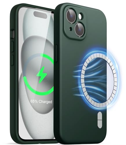 JETech Magnetisch Silikon Hülle für iPhone 15 6,1 Zoll, Kompatibel mit MagSafe, Handyhülle mit Voll Kamera Schutz (Nachtgrün)