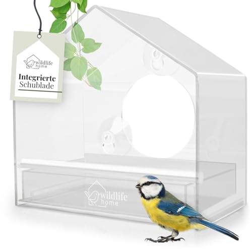 WILDLIFE HOME Foder Hus för vilda fåglar I Transparent med avtagbar foderkassett I Fågelhus med sugkoppar, foderdispenser, fågelmatare för vilda fåglar, smart