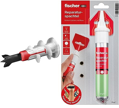 fischer DUOBLADE S, selbstbohrender Gipskartondübel mit Spanplattenschraube & Reparatur SPACHTEL, fertige Spachtelmasse in Naturweiß