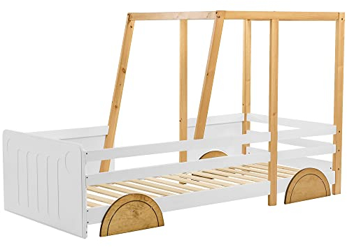 HAINEW Barnsäng 90 x 200 cm, bilsäng med skydd, jeep-säng, träsäng med MDF-hjul och ribbotten av tall, vit + natur, HNDE29675657