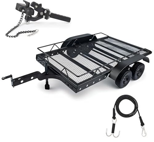 AMK Remorque RC à l'échelle 1/10, remorque RC en métal 1/10 avec coupleur de crochet de remorque RC et sangle de treuil cinétique 1/10 RC Crawler SCX10 TRX6 Redcat GEN8 TRX4 mises à niveau