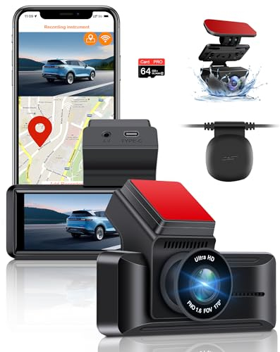 Vtopek 4K Dashcam mit WiFi Dash Cam Auto mit GPS 3,16-Zoll Mini Autokamera mit 64GB-Karte, Dashcam Auto Vorne Hinten mit Nachtsicht, WDR, 170°+140° Weitwinkel, Loop-Aufnahme, G-Sensor, Parkmonitor