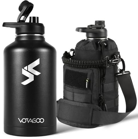 VOTAGOO GEAR Borraccia tattica da 1,9 litri, in acciaio inox, isolata, in metallo, militare, con robusta custodia rimovibile, borsa tattica per escursionismo, campeggio, caccia (nero)