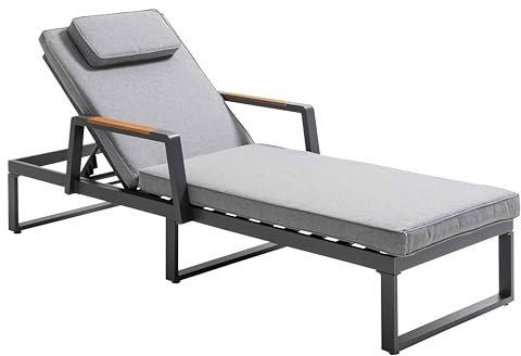 Oviala Sonnenliege aus Aluminium und Teak, Schwarz und Grau