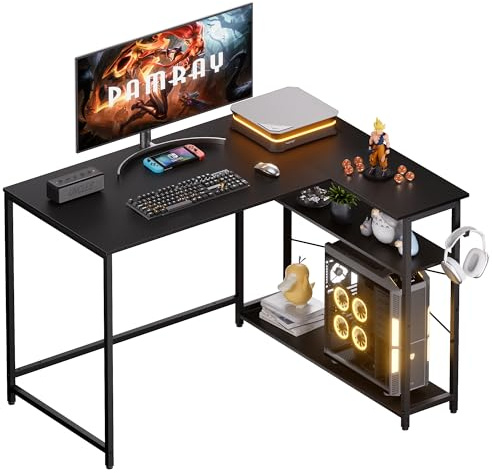PAMRAY Escritorio en L de 109 cm, Mesa de Trabajo con Estantes Laterales Reversibles, Escritorio Esquinero para PC, Gaming y Oficina en Casa Ideal para Estudiar y Jugar, Negro