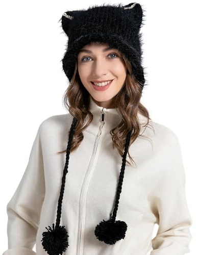 ZLYC Bonnet en Crochet pour Femme avec Oreilles de Chat - Bonnet Mignon Vintage Grunge Pelucheux, Pompon Noir, Taille Unique