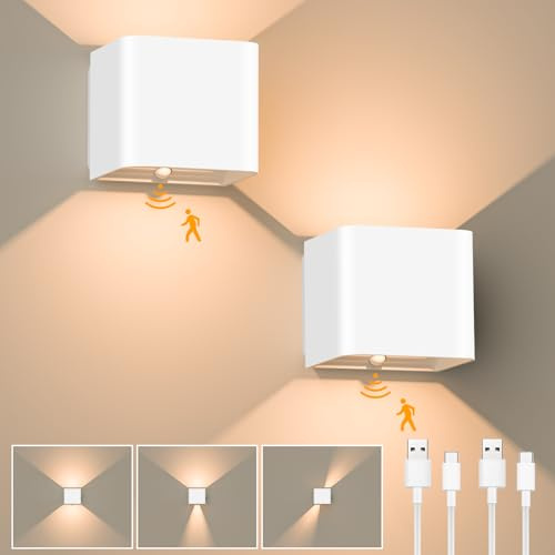 GuKKK Wandlampe Innen mit Bewegungsmelder, 2 Stück Akku Wandleuchte, 3000K Warmweiß LED Wandbeleuchtung, Innen Kabellose Wandlampe mit Schalter, Einstellbar Abstrahlwinkel Wandbeleuchtung, für Treppe