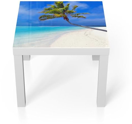 DEQORI Glastisch | weiß klein 55x55 cm | Motiv Inselparadies | ausgefallener Beistelltisch aus Glas | Hochglanz Couchtisch fürs Wohnzimmer | moderner Couch Tisch mit Design