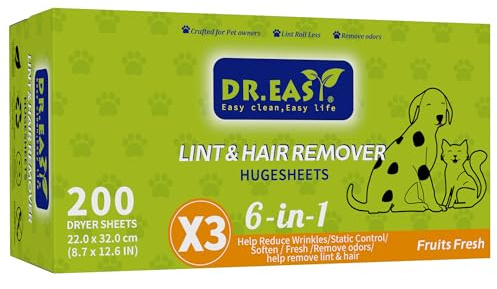 Dr.Easy LINT & HAIR REMOVER Pet HUGESHEETS avec des feuilles de séchage 3X ODOR REMOVE, Fruits frais, 200 compté, FORMULE À BASE DE PLANTES ET DE MINÉRAUX