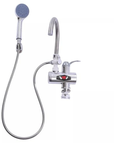 Chauffe-eau électrique instantané 3000 W - Robinet avec douche d'eau chaude - Tuyau flexible - Robinet d'eau chaude - Pour cuisine, jardin, salle de bain, caravane, camping, ménages - Argent