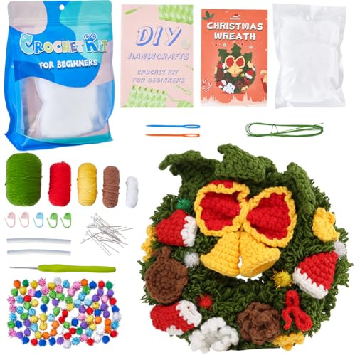 SUNNYCLUE Weihnachtshäkelsets Weihnachtskranz Häkelset Strickset Für Anfänger Schritt Für Schritt Video Tutorials Weihnachtsstricksets Für Anfänger Erwachsene Frauen Weihnachts DIY Bastelgeschenke