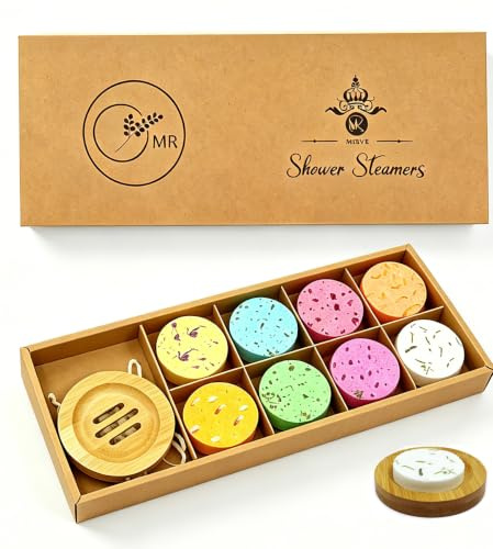 Shower Steamers Aromatherapy - 8 Pack Organic Shower Bombs with Shower Steamer Tray/Holder, Self Care Natural Essential Oil, Stress Relief Shower Bombs, Mothers Spa Gifts for Women, Wife, Her, Mom