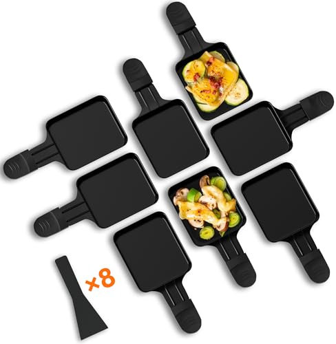 Yoassi 8 Pcs Mini Sartén de Raclette con Mango Aislado Sartenes de Raclette con Revestimiento Antiadherente para Parrilla Eléctrica Accesorios de Raclette Grill con 8 Palas para Queso Huevo Pollo