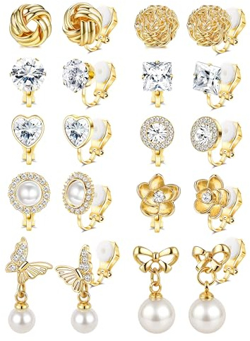 Kakonia clip-on örhängen kvinnor, guld clip-on örhängen för kvinnor, clip-on örhängen, klämma på stud dinglande örhängen, pärla rosett fjäril icke-piercade örhängen, Rostfritt stål, Kubisk zirkonia