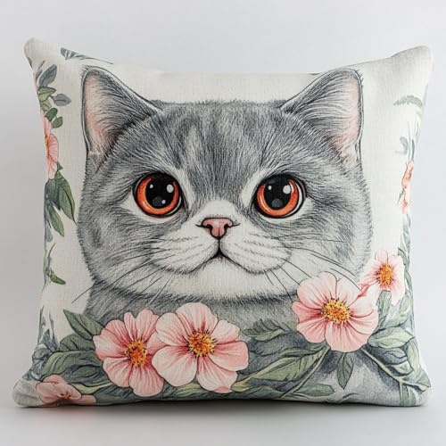 AMBATTERY Kit Ricamo Punto Croce Cuscino, gatti e fiori Kit Punto Croce Prestampato 45x45cm Kit Per Cuscino Ricamato A Mano Cuscino Punto Croce con Ago da Ricamo e Filo da Ricamo