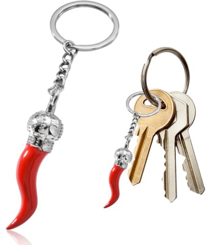 VODAFQS Porte-clé Cornes et Piment Rouge, Symbole Italien Corne d'Abondance, Bijou de Sac Porte-Bonheur, Idée Cadeau, Acier, Rouge