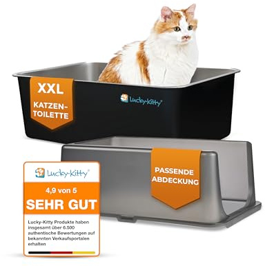 Lucky-Kitty Katzenklo Edelstahl XXL, Schwarz mit Deckel, 60x40x40 cm
