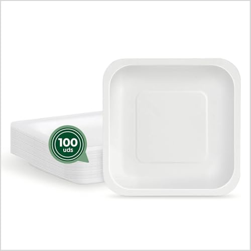 Maxi Products - 100 Platos de Cartón Desechable - 20 x 20 cm - Plato Vajilla - Plato Cuadrado Cartón Desechable - Platos para Catering, Eventos y Celebraciones - APTO ALIMENTARIO
