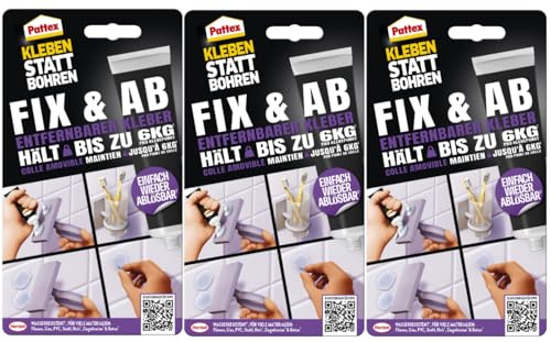 Pattex Kleben statt Bohren Fix & Ab, ablösbarer Montagekleber, stark haftender Wandkleber für Regale und Wandbefestigungen, ohne Beschädigung ablösbar, Kraftkleber hält bis zu 6kg, 3x 44g Tube