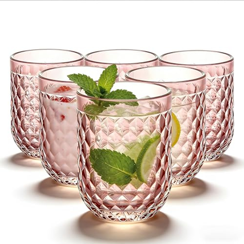 Haayymo Vintage Ribbed Glass Tumblers Set of 6, 350ml Pink Drinking Glasses, Embossed Crystal Glass Cups, Highball Glasses for Water, Juice, Cocktails, Whiskey, Home & Party Use