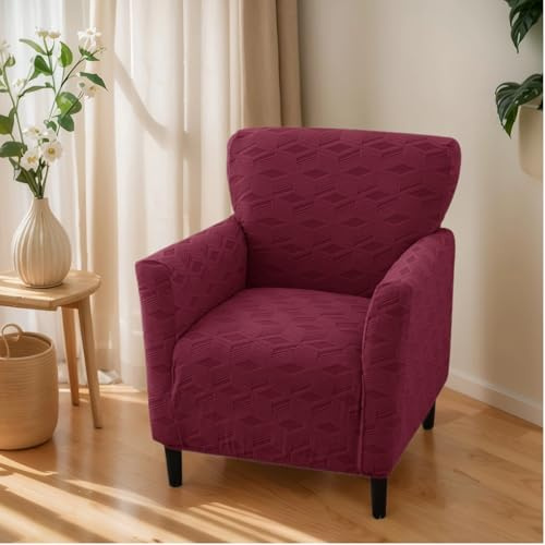 OKYUK Bankett-Sesselhusse, bedruckt, mit Armlehnen, 1 Stück, Stretch-Stuhlhussen für Wohnzimmer, rutschfest, weich, Sesselschonbezug, kinderfreundlich, Haustierfreundlich (Weinrot kariert)