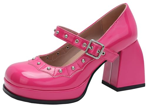 XIEPP Mary Jane-pumps med rund tå och knubbig klack för kvinnor retro, Rosenröd, 36 EU