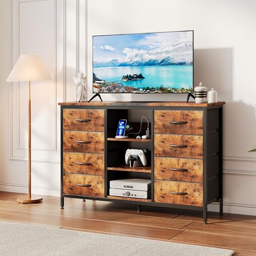 MUTUN Chest of Drawers with Charging Station, Dresser for Bedroom with 8 Fabric Drawers, Wood Top Tall TV Stand, Large Storage Organizer for Living Room, Hallway, Entryway, Closet, Rustic Brown