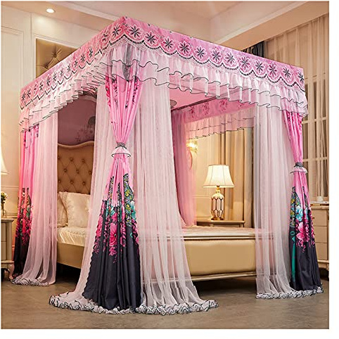 Tagesdecke, Moskitonetz, Moskitonetz, 4-Eck-Baldachin-Vorhänge, rosa Prinzessin, Doppellagiges Himmelbett, Spitzenbettvo