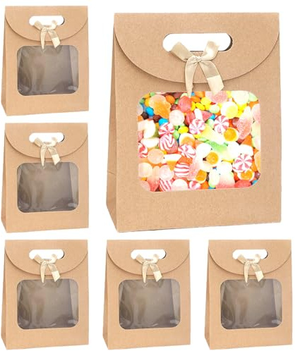 Ovanda 6 Stück Papiertüten Mit Fenster, Große Geschenktüte Mit Griffen | 11.9x6.15x15.7 cm, Süßigkeiten Tüten, Braune Papiertüten für Süßigkeiten Keksen Verpackung Hochzeit Weihnachten Party