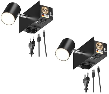 ledscom.de 2x Wandspot WAIKA, 1-flammig, schwarz, Steckdose, USB-C, USB-A, inkl. LED GU10 Lampe 450lm, warmweiß