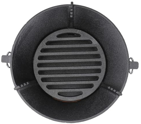 POPETPOP Barbecue Au Charbon De Bois Grill En Fonte 26 Cm Grand Modèle Plateau En Bois Poêle Barbecue Robuste Pour Plein Air Camping Jardin