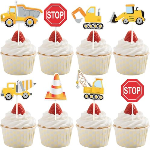 Gleevio 21 Stück Bagger Tortendeko Geburtstag Junge, Baustelle Cupcake Topper, Kuchendeko Bagger Geburtstag Deko, Baustelle Muffin Deko, Lkw Verkehrszeichen Tortendeko Kindergeburtstag