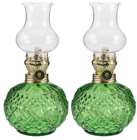 HOODANCOS 2 Stück Retro Öllampen aus Glas Petroleum Nachtlicht für Innenbereich Vintage Sturmlaterne mit Grünem Glas Tisch und Weihnachtsdekoration