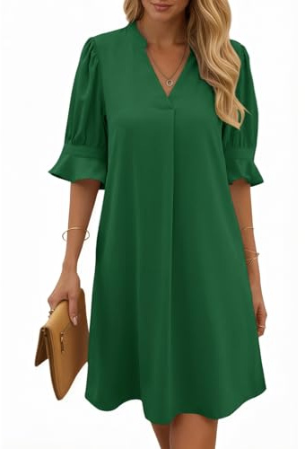 Cicy Bell Abito Estivo da Donna con Scollo a V e Volant, Lunghezza al Ginocchio, per Il Tempo Libero, Tinta Unita, Casual, Verde, L