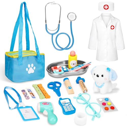 Valigetta Dottore Bambini,Kit Veterinario Bambini Giocattolo,Kit Dottoressa Bambina con Peluche Cane Giochi Vero Stetoscopio,Camice da Medico,Giochi di Ruolo per Ragazze e Ragazzi di 3+ Anni