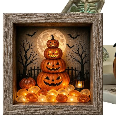 DIY Beleuchtete Halloween-Erinnerungsbox Gotisch dekorativ leuchtend 21,5 x | LED Erinnerungsbox Mit Holzrahmen Und Steinen Für Kaminsims Tischplatte Schreibtisch Schlafzimmer Flur
