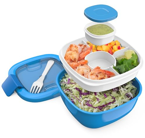 Bentgo Salad Container - 54 oz Bowl with 4-Compartment Toppings Tray, Leak-Proof Dressing Container, Reusable Fork, BPA-Free Lunch Box for Meal Prep & Food Storage; Removable Bento Tray (Blue)