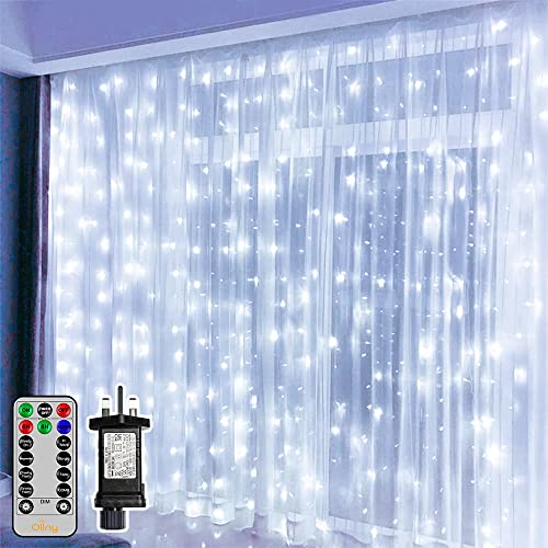 Ollny Christmas Curtain Lights Indoor, 300LED 3mx3m Waterfall Hanging Plug in Fairy String Lights, 8 Modes/Remote/Timer Waterproof Window Light for Bedroom/Wall/Outdoor/Wedding/Party,Cool White