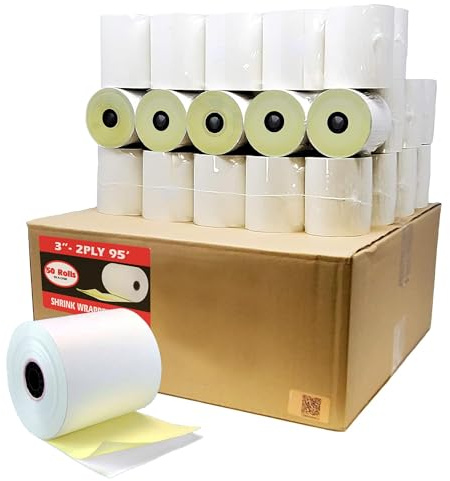 BuyRegisterRolls 2 Ply Carbonless Rolls (50 Rolls) 3 X 95 Feet Carbonless White/Canary Kitchen Printer Paper Rolls With Solid Tube Core