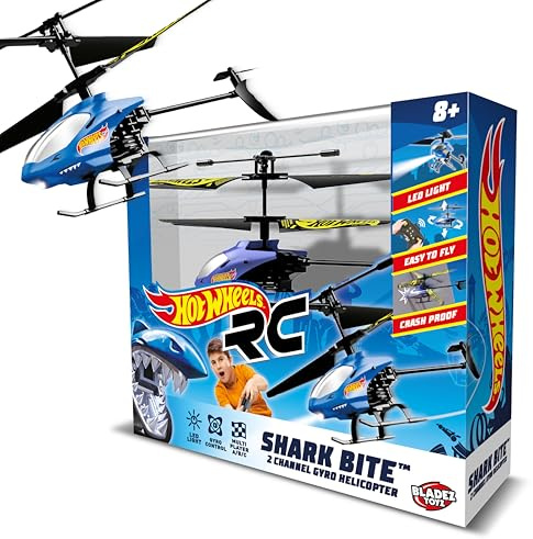 BLADEZ Hot Wheels Helicopter, Remote Control Shark Bite, RC 2 Channel with Gyro Control, Easy to Fly with lights, Crash Proof, Licensed Toy for kids Toyz