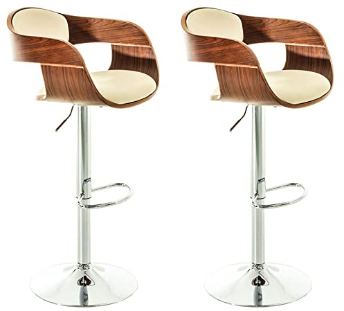 CLP Lot De 2 Tabouret De Bar Kingstone Similicuir I Set 2 Chaise Hautes Hauteur Réglable Dossier I Piètement Et Repose-Pied en Métal Chromé | Couleur Noyer/crème