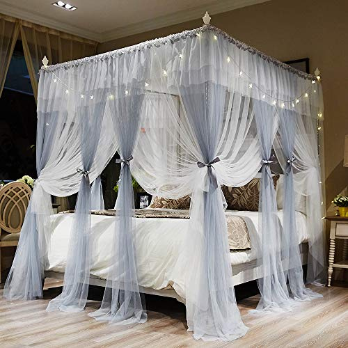 Joyreap Luxuriöse Betthimmel-Vorhänge mit 4 Ecken, Grau und Weiß, gemütliches Drapiernetz – niedlicher Prinzessinnen-Stil, Schlafzimmer-Dekorations-Zubehör (150 cm B x 198 cm L, Full/Queen)