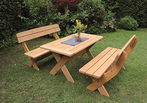 Beauty.Scouts Outdoor Dino Collection Holz-Garnitur Lina, 3er-Set, honigbraun, Nadelholz, Gartenset, Gartensitzset, Tisch, Bänke, Gartenmöbelset, Gartenmöbelkombination
