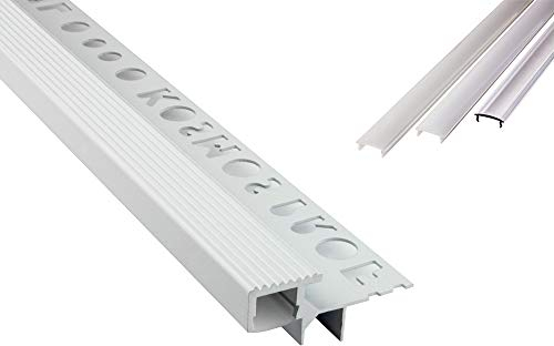 T-40 LED Alu Fliesenprofil Treppenprofil Stufen 10mm weiss + Abdeckung 2m opal