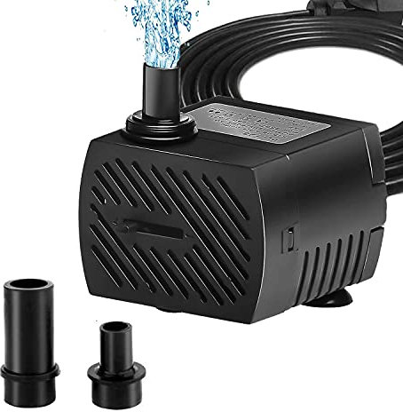 ARTDER 350L/H 5W Submersible Water Pump, 90GPH Fountain Water Pump, Replacement Pump for Pet Fountains, Aquarium, Fish Tank, Pond, Statuary, Hydroponics with 4.9Ft (1.5M) Power Cord and 2 Nozzles.